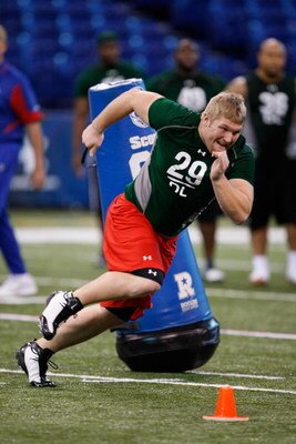 INDIANAPOLIS, IN - FEBRUARY 23:  Defensive lineman Mitch King of Iowa participates in the NFL Scouting Combine at Lucas Oil Stadium on February 23, 2009 in Indianapolis, Indiana. (Photo by Scott Boehm/Getty Images)