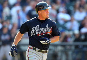 NEW YORK - MAY 13: Chipper Jones #10 of the Atlanta Braves runs against the New York Mets on May 13, 2009 at Citi Field in the Flushing neighborhood of the Queens borough of New York City. The Braves defeated the Mets 8-7 in twelve innings. (Photo by Ji