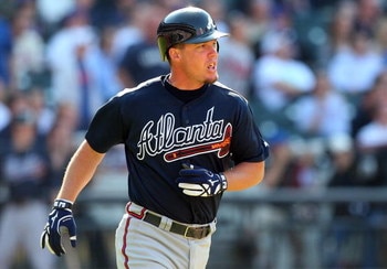 NEW YORK - MAY 13:  Chipper Jones #10 of the Atlanta Braves runs against the New York Mets on May 13, 2009 at Citi Field in the Flushing neighborhood of the Queens borough of New York City. The Braves defeated the Mets 8-7 in twelve innings.  (Photo by Ji