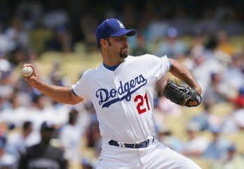 LOS ANGELES, CA - APRIL 27:   Esteban Loaiza #21 of the Los Angeles Dodgers pitches against the Colorado Rockies at Dodger Stadium on April 27, 2008 in Los Angeles, California.  (Photo by Lisa Blumenfeld/Getty Images)