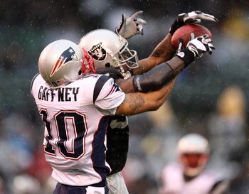 OAKLAND, CA - DECEMBER 14: Jabar Gaffney #10 of the New England Patriots can't catch a pass as Chris Johnson #37 of the Oakland Raiders defends during an NFL game on December 14, 2008 at the Oakland-Alameda County Coliseum in Oakland, California.  (Photo 