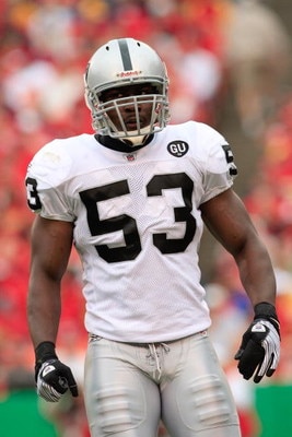 KANSAS CITY, MO - SEPTEMBER 14:  Thomas Howard #53 of the Oakland Raiders looks on during their NFL game against the Kansas City Chiefs at Arrowhead Stadium on September 14, 2008 in Kansas City, Missouri. The Raiders defeated the Chiefs 23-8. (Photo by Ja