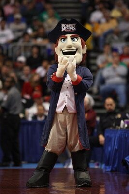 MINNEAPOLIS - MARCH 20:  RoMo, the mascot of the Robert Morris Colonials performs against the Michigan State Spartans during the first round of the NCAA Division I Men's Basketball Tournament at the Hubert H. Humphrey Metrodome on March 20, 2009 in Minnea