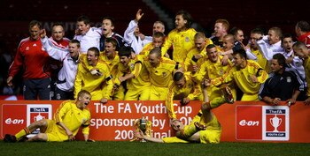 MANCHESTER, UNITED KINGDOM - APRIL 26: Liverpool celebrate beating Manchester United on penalties during the FA Youth Cup 2nd Leg match between Manchester United and Liverpool at Old Trafford on April 26, 2007, in Manchester, England.  (Photo by Matthew L