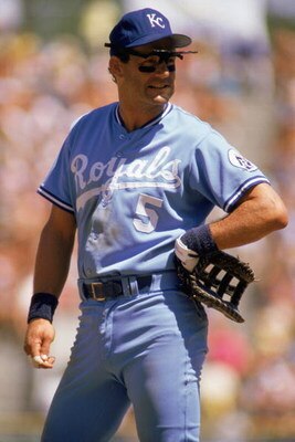 1988:  George Brett of the Kansas City Royals looks on during a MLB game in the 1988 season. (Photo by: Jonathan Daniel/Getty Images)