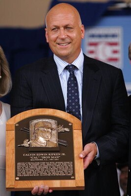 COOPERSTOWN, NY - JULY 29:  2007 inductee Cal Ripken Jr. poses with his plaque after his speech at Clark Sports Center during the Baseball Hall of Fame induction ceremony on July 29, 2007 in Cooperstown, New York.   (Photo by Chris McGrath/Getty Images)