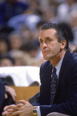 LOS ANGELES - 1988:  Head coach Pat Riley of the Los Angeles Lakers sits on the bench during an NBA game at the Great Western Forum in Los Angeles, California in 1988. (Photo by: Stephen Dunn/Getty Images)