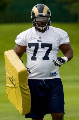 EARTH CITY, MO - MAY 2: Jason Smith #77 of the St. Louis Rams looks on during a mini camp on May 2, 2009 at the Russell Training Center in Earth City, Missouri.  (Dilip Vishwanat/Getty Images)