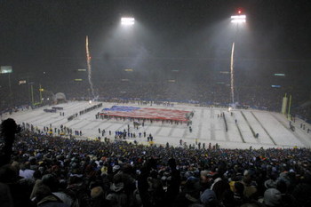 19 Jan 2002:  A general view of the pre game ceremony before the AFC playoff game between the Oakland Raiders the New England Patriots at Foxboro Stadium in Foxboro, Massachusetts. The Patriots came from behind to win 16-13 in overtime. Digital Image Mand
