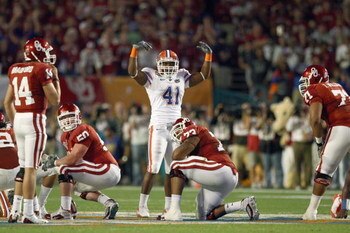 MIAMI - JANUARY 08:  Ryan Stamper #41 of the Florida Gators gets the crowd fired up during the FedEx BCS National Championship Game against the Oklahoma Sooners at Dolphin Stadium on January 8, 2009 in Miami, Florida.  (Photo by Donald Miralle/Getty Image