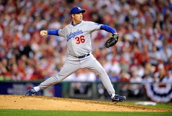 PHILADELPHIA - OCTOBER 09:  Greg Maddux #36 of the Los Angeles Dodgers throws a pitch against the Philadelphia Phillies in Game One of the National League Championship Series during the 2008 MLB playoffs on October 9, 2008 at Citizens Bank Ballpark in Phi