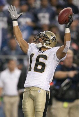 SEATTLE - OCTOBER 14:  Wide receiver Lance Moore #16 of the New Orleans Saints celebrates a touchdown against the Seattle Seahawks at Qwest Field on October 14, 2007 in Seattle, Washington. The Saints defeated the Seahawks 28-17.  (Photo by Otto Greule Jr