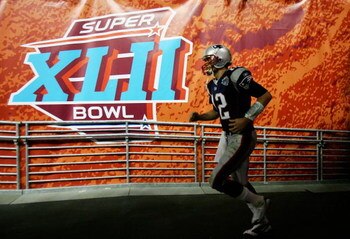 GLENDALE, AZ - FEBRUARY 03:  Quarterback Tom Brady #12 of the New England Patriots takes the field for the second half of Super Bowl XLII against the New York Giants on February 3, 2008 at the University of Phoenix Stadium in Glendale, Arizona.  (Photo by