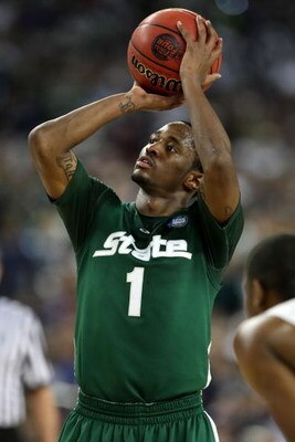 DETROIT - APRIL 04:  Kalin Lucas #1 of the Michigan State Spartans shoots a free throw against the Connecticut Huskies during the National Semifinal game of the NCAA Division I Men's Basketball Championship at Ford Field on April 4, 2009 in Detroit, Michi