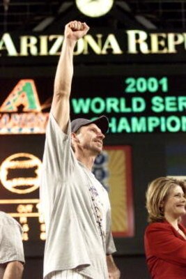 4 Nov 2001:  Co-MVP winner Randy Johnson #51 a of the Arizona Diamondbacks celebrates winning the  World Series over the New York Yankees at Bank One Ballpark in Phoenix, Arizona. The Diamondbacks defeated the Yankees 3-2. DIGITAL IMAGE Mandatory Credit: 