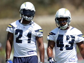 SAN DIEGO - MAY 03: Running backs LaDainian Tomlinson #21 of the San Diego Chargers speaks with teammate Darren Sproles #43 during the Chargers Mini-Camp on May 3, 2008 at the Chargers Practice Facility in San Diego, California. (Photo by Donald Miralle/G