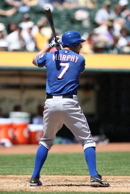 OAKLAND, CA - MAY 07:  David Murphy #7 of the Texas Rangers bats against the Oakland Athletics during a Major League Baseball game on May 7, 2009 at the Oakland Coliseum in Oakland, California.  (Photo by Jed Jacobsohn/Getty Images)