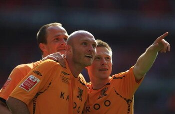 LONDON - MAY 24:  Henrik Pedersen, Wayne Brown and Nick Barmby of Hull City celebrate victory following the Coca Cola Championship Playoff Final match between Hull City and Bristol City at Wembley Stadium on May 24, 2008 in London, England.  (Photo by Jam