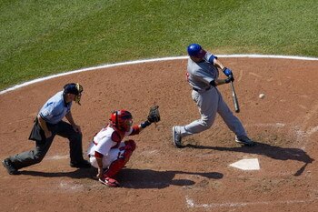 ST. LOUIS - JULY 6:  Geovany Soto #18 of the Chicago Cubs hits a solo home run against the St. Louis Cardinals on July 6, 2008 at Busch Stadium in St. Louis, Missouri. The Cubs beat the Cards 7-1.  (Photo by Dilip Vishwanat/Getty Images)