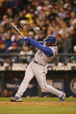 SEATTLE - APRIL 2:  Milton Bradley #21 of the Texas Rangers bats against the Seattle Mariners during the game on April 2, 2008 at Safeco Field in Seattle, Washington. (Photo by Otto Greule Jr/Getty Images)