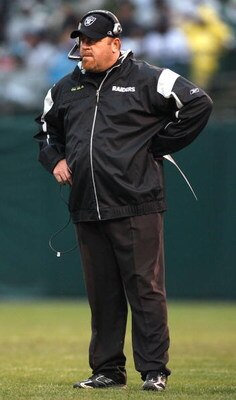 OAKLAND, CA - DECEMBER 21:  Head coach Tom Cable of the Oakland Raiders looks on against the Houston Texans during an NFL game on December 21, 2008 at the Oakland-Alameda County Coliseum in Oakland, California.  (Photo by Jed Jacobsohn/Getty Images)