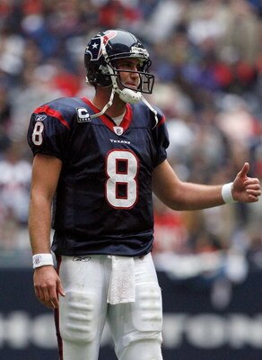 HOUSTON - DECEMBER 28:  Matt Schaub #8 of the Houston Texans smiles after a touchdown score against the Chicago Bears during the second half at the Reliant Stadium December 28, 2008 in Houston, Texas.  The Texans won 31-24.  (Photo by Harry How/Getty Imag