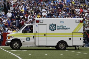 ORCHARD PARK, NY - SEPTEMBER 9:  An ambulance on the field waits to transport Kevin Everett of the Buffalo Bills after he was injured during the game against the Denver Broncos on September 9, 2007 at Ralph Wilson Stadium in Orchard Park, New York.  The B