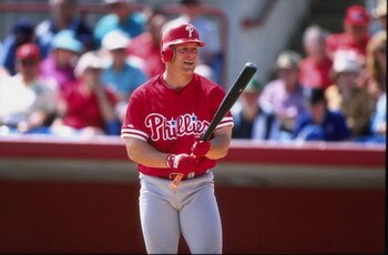 7 Mar 1998:  Outfielder Lenny Dykstra of the Philadelphia Phillies in action during a spring training game against the Cincinnati Reds at the Ed Smith Stadium in Sarasota, Florida. Mandatory Credit: Rick Stewart  /Allsport