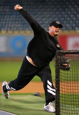 HOUSTON - JANUARY 31:  Roger Clemens throws batting practice during the Nolan Ryan and Jeff Bagwell Elite Camp January 31, 2008 at Minute Maid Park in Houston, Texas.  (Photo by Bob Levey/Getty Images)