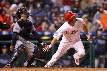 PHILADELPHIA - OCTOBER 27:  Shane Victorino #8 of the Philadelphia Phillies flies out in the bottom of the fifth inning against the Tampa Bay Rays during game five of the 2008 MLB World Series on October 27, 2008 at Citizens Bank Park in Philadelphia, Pen