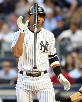 NEW YORK - MAY 21: Alex Rodriguez #2 of the New York Yankees flips his bat after a strike call against the Baltimore Orioles on May 21, 2009 at Yankee Stadium in the Bronx borough of New York City.  (Photo by Nick Laham/Getty Images)