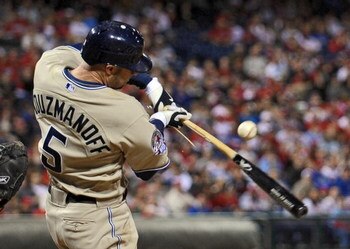 PHILADELPHIA - APRIL 17: Kevin Kouzmanoff #5 of the San Diego Padres breaks his bat hitting a foul ball during the game against the Philadelphia Phillies on April 17, 2009 at Citizens Bank Park in Philadelphia, Pennsylvania. (Photo by Drew Hallowell/Getty