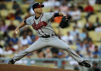 LOS ANGELES, CA - JULY 9:   Pitcher Tim Hiudson #15 of the Atlanta Braves throws a pitch agianst the Los Angeles Dodgers on July 9, 2008 at Dodger Stadium in Los Angeles, California.   (Photo by Stephen Dunn/Getty Images)