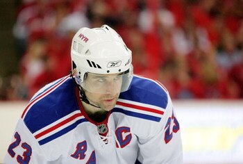 WASHINGTON - APRIL 24:  Chris Drury #23 of the New York Rangers during looks on prior to a face off against the Washington Capitals Game Five of the Eastern Conference Quarterfinal Round of the 2009 Stanley Cup Playoffs on April 24, 2009 at the Verizon Ce