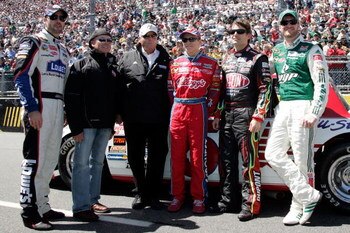 MARTINSVILLE, VA - MARCH 29: (L-R) The Hendrick Motorsports team including Jimmie Johnson, driver of the #48 Lowe's Chevrolet, Geoffrey Bodine, Team Owner Rick Hendrick, Mark Martin, driver of the #5 CARQUEST/Kellogg's Chevrolet, Jeff Gordon, driver of th