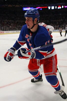 NEW YORK - APRIL 22:  Brandon Dubinsky #17 of the New York Rangers skates against the Washington Capitals during Game Four of the Eastern Conference Quarterfinal Round of the 2009 NHL Stanley Cup Playoffs on April 22, 2008 at Madison Square Garden in New 