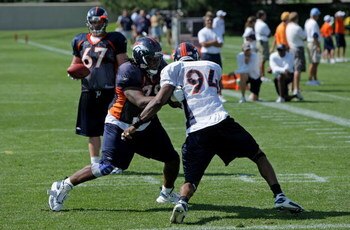 ENGLEWOOD, CO - JULY 29:  Offensive tackle Ryan Clady #78 of the Denver Broncos and defensive end Jarvis Moss #94 participate in a blocking drill during morning practice at training camp at their training facility on July 29, 2008 in Englewood, Colorado. 