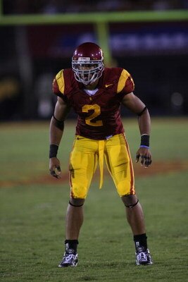 LOS ANGELES - SEPTEMBER 1:  Taylor Mays #2 of the USC Trojans lines up against the University of Idaho Vandals on September 1, 2007 at the Los Angeles Memorial Coliseum in Los Angeles, California.  USC won 38-10.  (Photo by Jeff Golden/Getty Images)