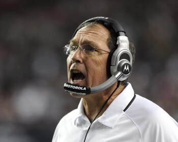 ATLANTA - DECEMBER 14:  Offensive line coach Paul Boudreau of the Atlanta Falcons directs play against the Tampa Bay Buccaneers  at the Georgia Dome on December 14, 2008 in Atlanta, Georgia.  (Photo by Al Messerschmidt/Getty Images) 