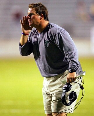 SHREVEPORT, LA - SEPTEMBER 17:  Head coach Chris Scelfo of the Tulane Green Wave yells during play against the Mississippi State Bulldogs on September 17, 2005 at Independence Stadium in Shreveport, Louisiana. The Bulldogs defeated the Green Wave 21-14.  