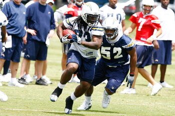 SAN DIEGO - MAY 03: Running back Gartrell Johnson #33 of the San Diego Chargers runs away from linebacker Larry English #52 during a practice drill in minicamp at the Chargers training facility on May 3, 2009 in San Diego, California. (Photo by Kevin Terr