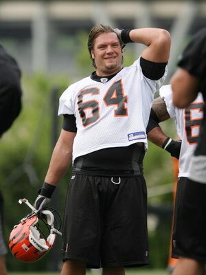 CINCINNATI - MAY 2:  Rookie lineman Kyle Cook #67 of the Cincinnati Bengals takes a break from drills during rookie mini camp May 2, 2008 next to Paul Brown Stadium in Cincinnnati, Ohio. (Photo by Mark Lyons/Getty Images)
