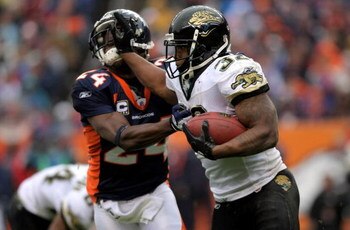 DENVER - OCTOBER 12:  Running back Maurice Jones-Drew #32 of the Jacksonville Jaguars runs the ball and tries to hold off cornerback Champ Bailey #24 of the Denver Broncos during NFL action at Invesco Field at Mile High on October 12, 2008 in Denver, Colo