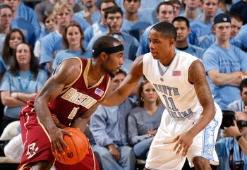 CHAPEL HILL, NC - JANUARY 4:  Tyrese Rice #4 of the Boston College Eagles looks to make a play to the basket against Larry Drew #11 of the North Carolina Tar Heels during their game on January 4, 2009 at the Dean E. Smith Center in Chapel Hill, North Caro