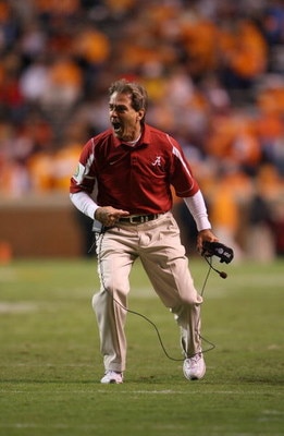 KNOXVILLE, TN - OCTOBER 25:  Head Coach Nick Saban of the Alabama Crimson Tide reacts during the game against the Tennessee Volunteers at Neyland Stadium on October 25, 2008 in Knoxville, Tennessee. Alabama defeated Tennessee 29-9. (Photo by Andy Lyons/Ge