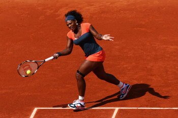 PARIS - MAY 26:  Serena Williams of the USA hits a forehand during her Women's Singles First Round match against Klara Zakopalova of the Czech Republic on day three of the French Open at Roland Garros on May 26, 2009 in Paris, France.  (Photo by Ryan Pier
