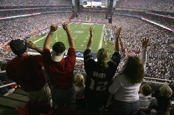 GLENDALE, AZ - FEBRUARY 03:  Fans cheer on the New England Patriots against the New York Giants during Super Bowl XLII on February 3, 2008 at the University of Phoenix Stadium in Glendale, Arizona. The Giants defeated the Patriots 17-14. (Photo by Doug Pe