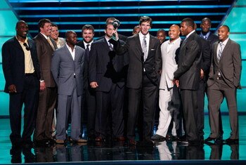 LOS ANGELES, CA - JULY 16:  NFL athlete Eli Manning accepts the award for best game for the New York Giants victory in Super Bowl XLII onstage at the 2008 ESPY Awards held at NOKIA Theatre L.A. LIVE on July 16, 2008 in Los Angeles, California.  The 2008 E