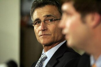 LAKE FOREST, IL - APRIL 3: The Chicago Bears General manager Jerry Angelo looks on as the Bears announce Jay Cutler as their new quarterback during a press conference on April 3, 2009 at Halas Hall in Lake Forest, Illinois.  (Photo by Jim Prisching/Getty 