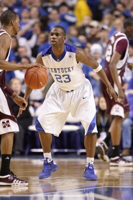 LEXINGTON, KY - FEBRUARY 03: Jodie Meeks #23 of the Kentucky Wildcats guards the court during the SEC game against the Mississippi State Bulldogs on February 3, 2009 at Rupp Arena in Lexington, Kentucky.  (Photo by Andy Lyons/Getty Images)